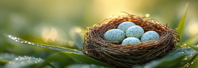 Bird nest with speckled eggs among rice stalks, dewdrops, and soft morning fog