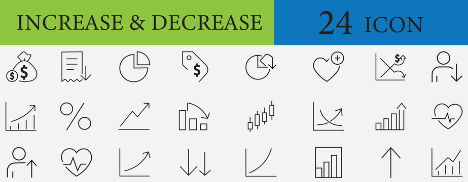 24 line icons for increase and decrease. Perfect for growth, trend, chart, graph, profit, loss, market, stock, finance, economy, business analytics