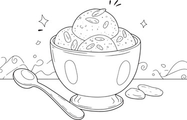 Elegant monochrome dessert bowl illustration featuring almond-to