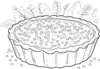 Whimsical outline art of a delicious quinoa flour tart with bota
