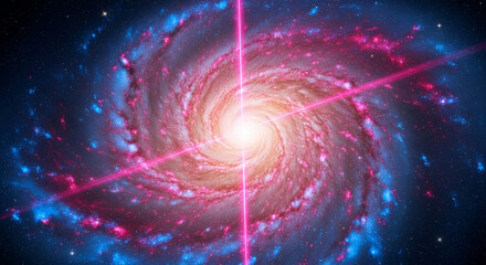 Fototapeta premium Spiral galaxy image with pink and blue hues, bright core, and intersecting laser beams, representing cosmic energy, vastness, and power