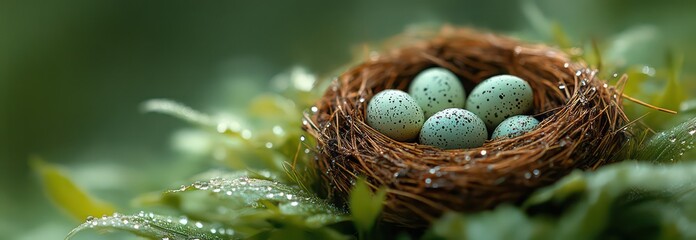 Bird nest with speckled eggs among rice stalks, dewdrops, and soft morning fog