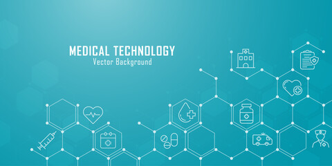 Concept of health innovation and medicine tech. Healthcare icons inside pattern of connected hexagons for medical research. Health insurance business, and healthcare design. Vector illustration.