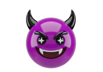 Purple devil face emoji with horns and sharp teeth isolated on transparent background