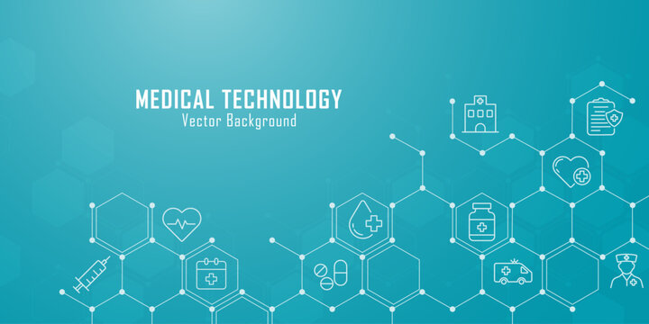 Concept of health innovation and medicine tech. Healthcare icons inside pattern of connected hexagons for medical research. Health insurance business, and healthcare design. Vector illustration.