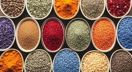 A vibrant assortment of dried herbs and spices displayed in oval scoops creating a colorful mosaic of culinary ingredients for cooking and flavor