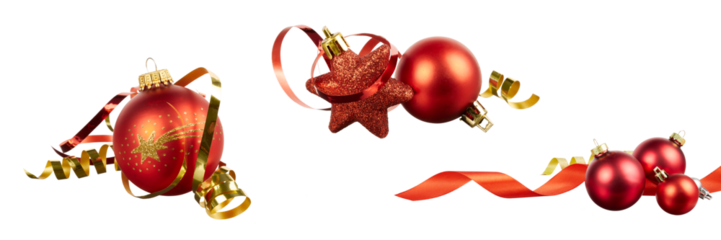 set of christmas ball decoration with red and gold ribbon and stars isolated on white or transparent png
