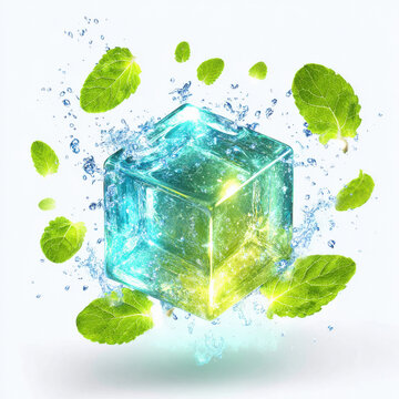 ice cube with green leaf on white background