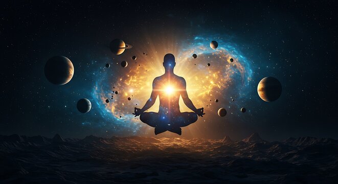 Meditating figure in lotus position surrounded by planets and galaxies