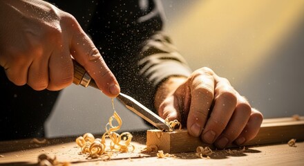 Close up of hands using chisel on wood with shavings flying in a woodworking shop