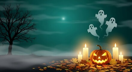Spooky halloween night with glowing pumpkin and ghosts