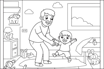 Illustration of a father helping his son learn to walk in a joyf