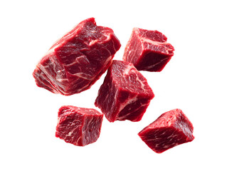 Obraz premium Several chunks of raw beef neck meat, showcasing the texture and deep red color. A dynamic shot, ideal for illustrating recipes for stews, braises, and slow cooking.