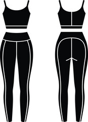 women’s activewear set with sports bra and leggings, front and back views, fitness outfit fashion flat sketch template.