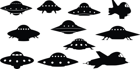 Black UFO and spaceship silhouettes, alien flying saucers, extraterrestrial spacecraft icons, sci-fi vector collection, isolated white background set