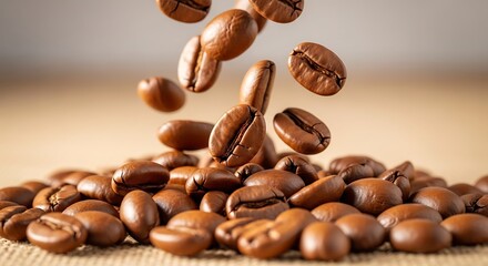 Fototapeta premium Coffee beans falling and piling up in a closeup shot