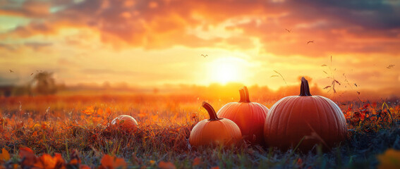 Golden sunset over a field of pumpkins a warm autumn harvest scene