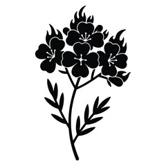 Elegant Black Flower Silhouette on White Background Featuring Detailed Petals and Delicate Leaves for Design and Decoration Projects