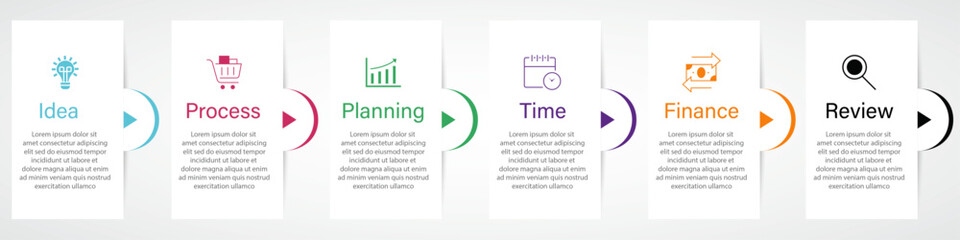 Business data visualization on white geometric shape with icon | Infographic business process diagram with 6 steps or options arrow indicator and half circle | Colorful vector illustration 