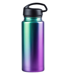 Gradient matte insulated water bottle with handle cap image isolated transparent. Stainless steel flask drinkware cut out photo png. Hydration gear cutout element object photography