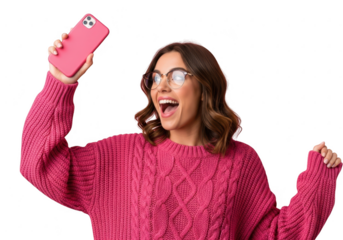 Happy woman in pink sweater holding a pink smartphone isolated on transparent background