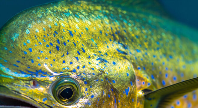 Macro close-up of the iridescent skin of a mahi mahi fish, tropical ocean hues of green and gold shimmering