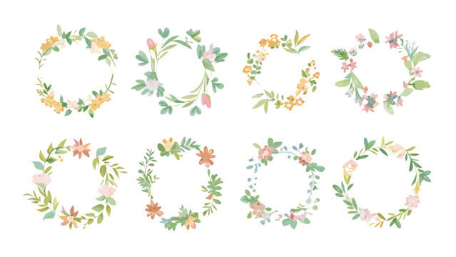 Watercolor floral wreaths collection featuring various flower and leaf arrangements in pastel colors