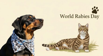 Dog and cat illustration for world rabies day awareness with paw print symbol