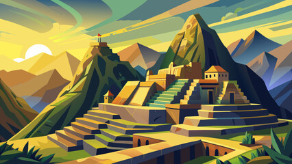 Machu Picchu, Peru, crowns a cloud-kissed ridge with carved terraces, ashlar temples, and stone stairways. Golden light, Andean horizons; semi-realistic flat vector, crisp planes, subtle gradients, ca
