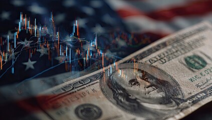 US dollar bill overlaid with stock market charts over an American flag