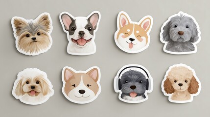 Fototapeta premium Cute puppy face sticker set for planners, scrapbooking, and commercial design. Clean vector-style illustration, highly detailed, kawaii aesthetic, symmetrical composition