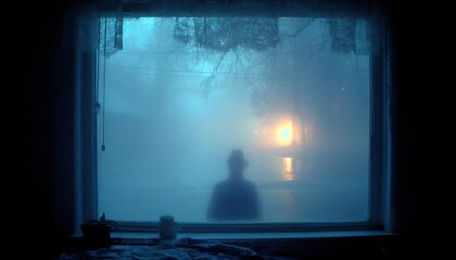 Ghost silhouette at bedroom window at night.