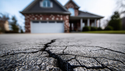 close-up of a cracked driveway, with an entire house