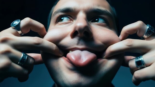 closeup of young adult caucasian man making funny face by pulling his cheeks and sticking out his tongue. he wears multiple rings, adding edgy style. humor and human expression.