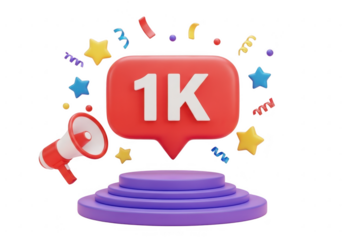 1k followers celebration with megaphone and confetti isolated on transparent background