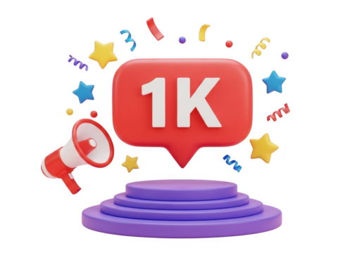 1k followers celebration with megaphone and confetti isolated on transparent background