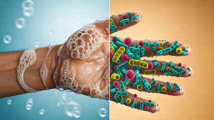 Hand washing with soap and bacteria comparison concept of hygiene and health protection