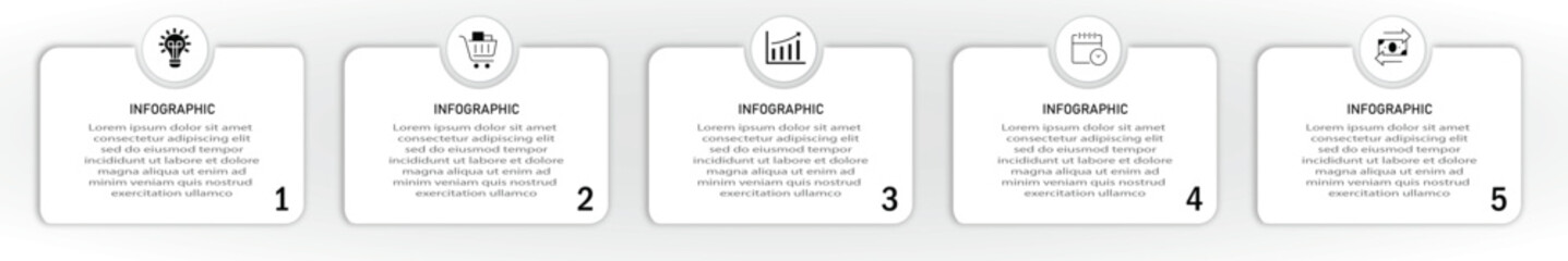 Business process timeline visualization with icon on circle | Infographic 5 steps white diagram or chart business data representation | Black vector illustration