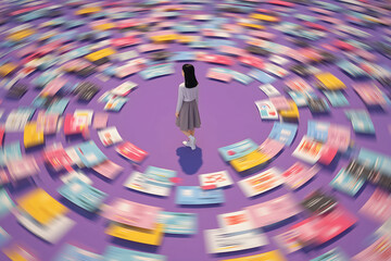Digitally generated image of a young Japanese woman standing in a circular pattern of colorful data sheets and social media chat icons on a purple background. Motion blurred background 