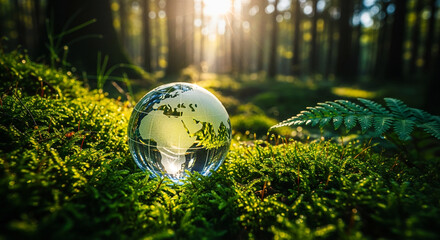 Glass globe on mossy forest floor, sunlit background.  Image symbolizes environmental conservation, nature, and Earth's fragility