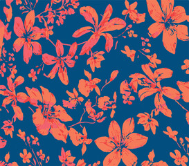 Big flowers pattern, upscale floral pattern. graphical textures floral, trendy colors pattern , flowers background with leaves. vector illustration