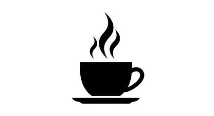 A simple black silhouette of a coffee cup with steam rising from it, placed on a matching saucer against a white background.