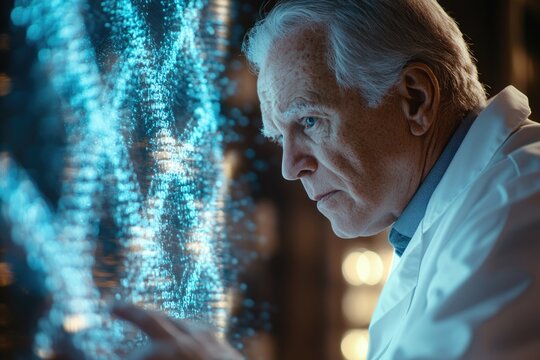 Senior scientist examines complex data streams on a futuristic holographic interface.