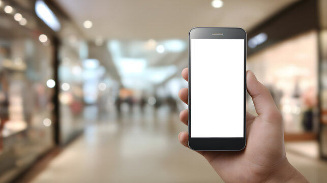 Person hand holding mobile phone with active white screen at shopping mall on blurred background – Custom sales offer product mockup concept