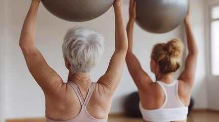 elderly women sitting in a pilates room, holding a fitness ball in their hands above their heads and doing an exercise for back. wellness and rehabilitation concept