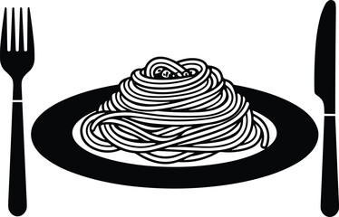 Black and white spaghetti illustration, pasta plate drawing, fork and knife table setting, Italian cuisine artwork, vintage food sketch, restaurant menu design