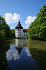 Fototapeta premium Historic white castle reflected in calm water under a blue sky