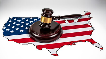 Judge gavel on united states map with american flag symbolizing law and justice