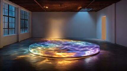 Obraz premium A circular platform covered in shallow water, illuminated by a spotlight that creates mesmerizing reflections and ripples
