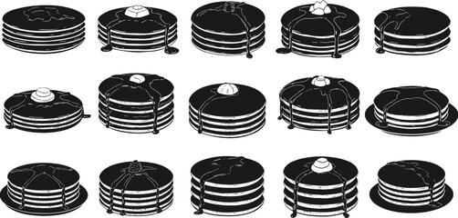 Black and white pancake illustration, breakfast food art, vintage style dessert drawing, stack of pancakes with toppings, syrup, fruit, butter